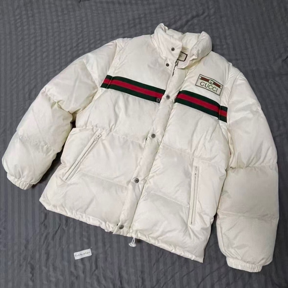 Gucci Cream Puffer Jacket with Red and Green Stripes